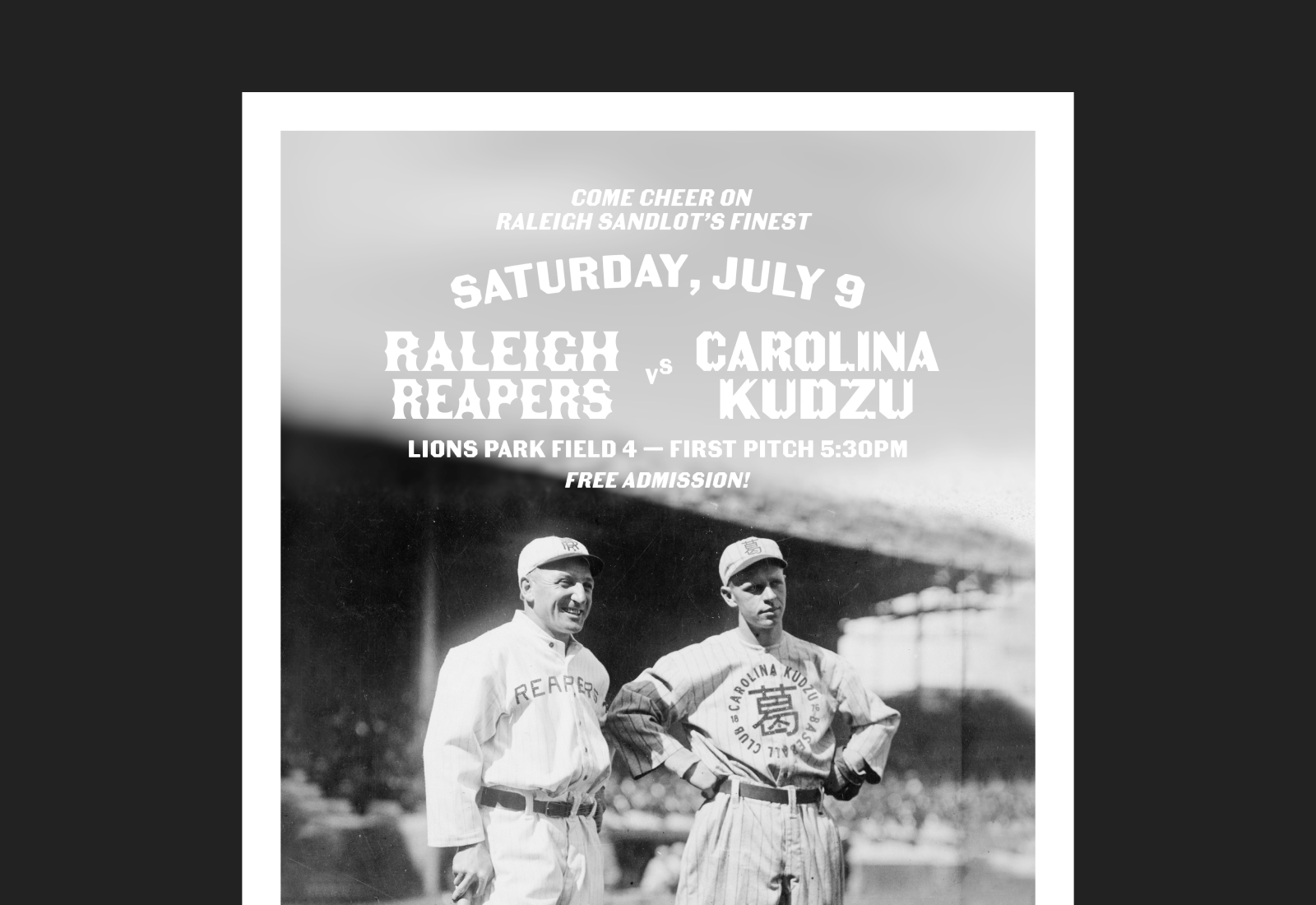 Poster for the first game Reapers versus Kudzu | Carolina Sandlot Collective