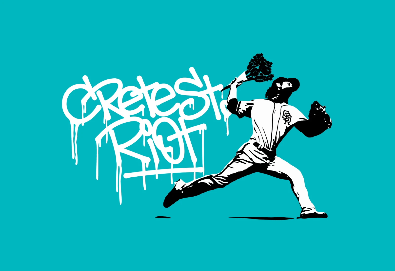 Banksy-inspired stencil of Tim Lincecum throwing a bouquet of flowers with Creet Street Riot in graffiti handstyle