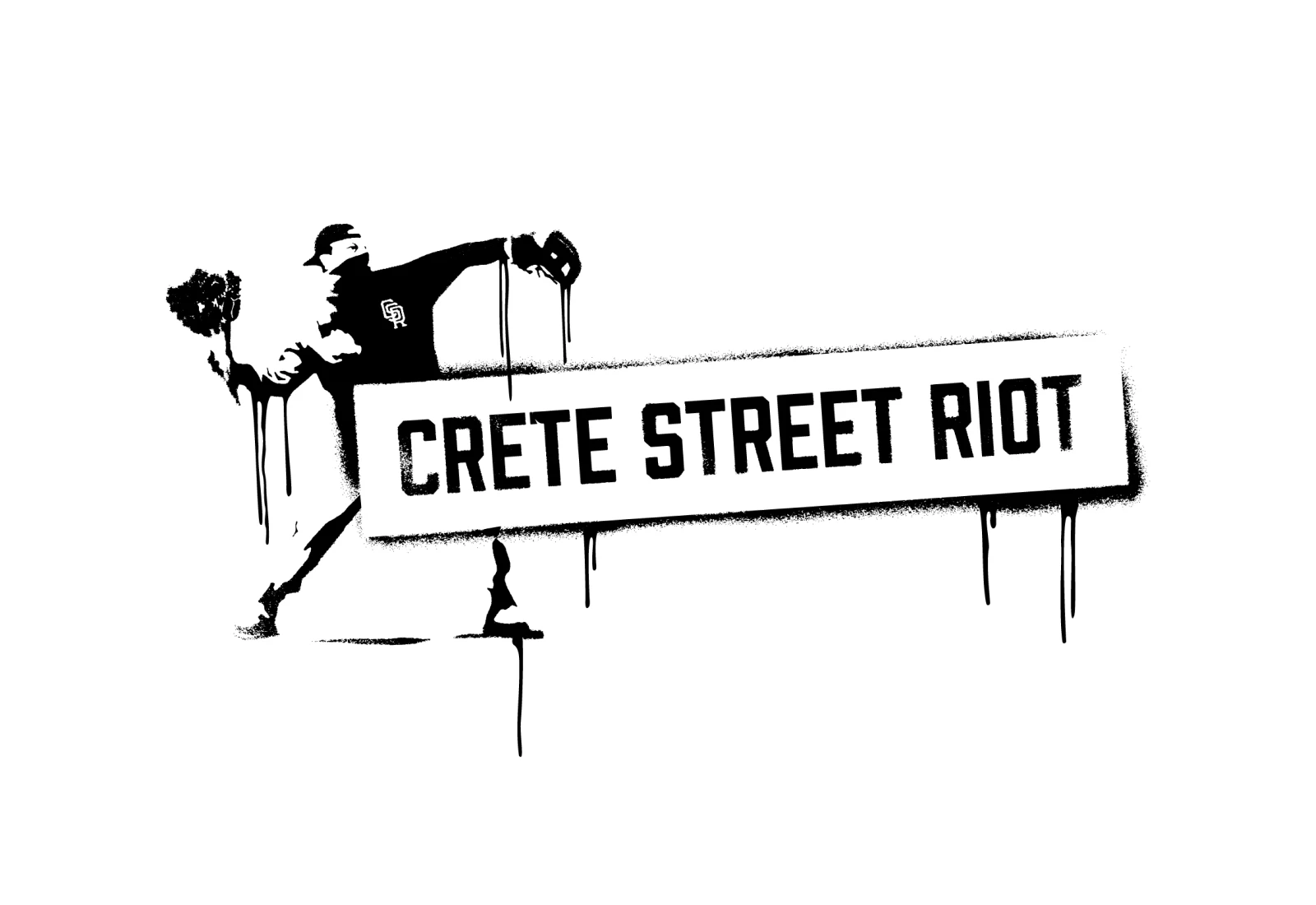 Crete St Riot stencil with a Banksy-spoof Flower Thrower in a spray paint stencil texture
