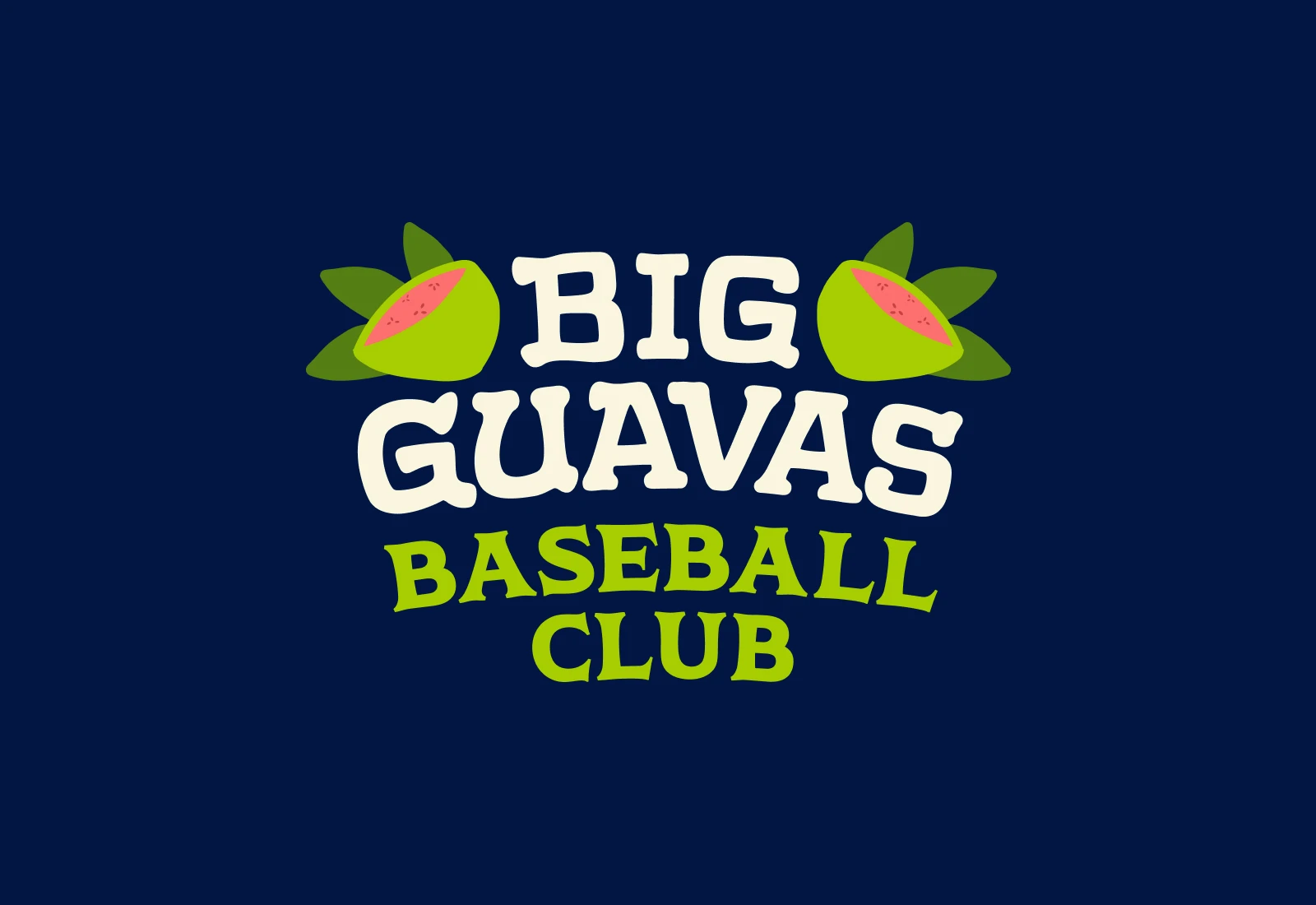 Stacked Big Guavas Logotype centered between two cut open Guavas