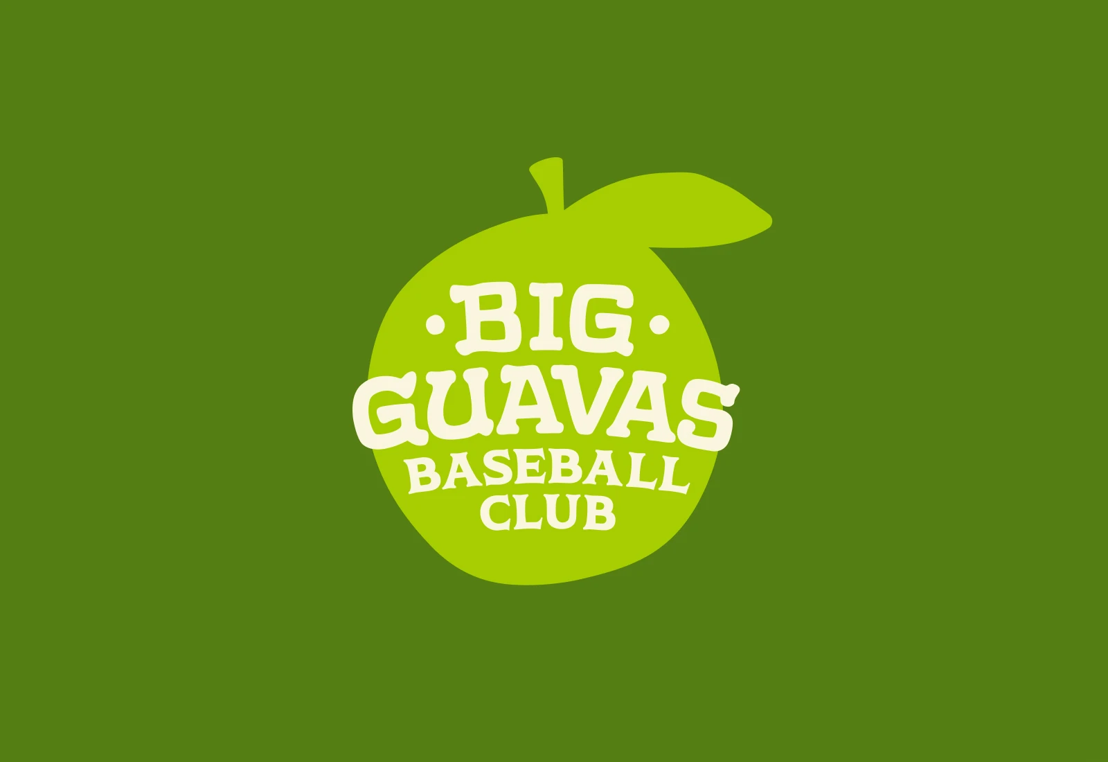SIlhouette of a green guava with the Big Guavas hand lettered logo overlayed.