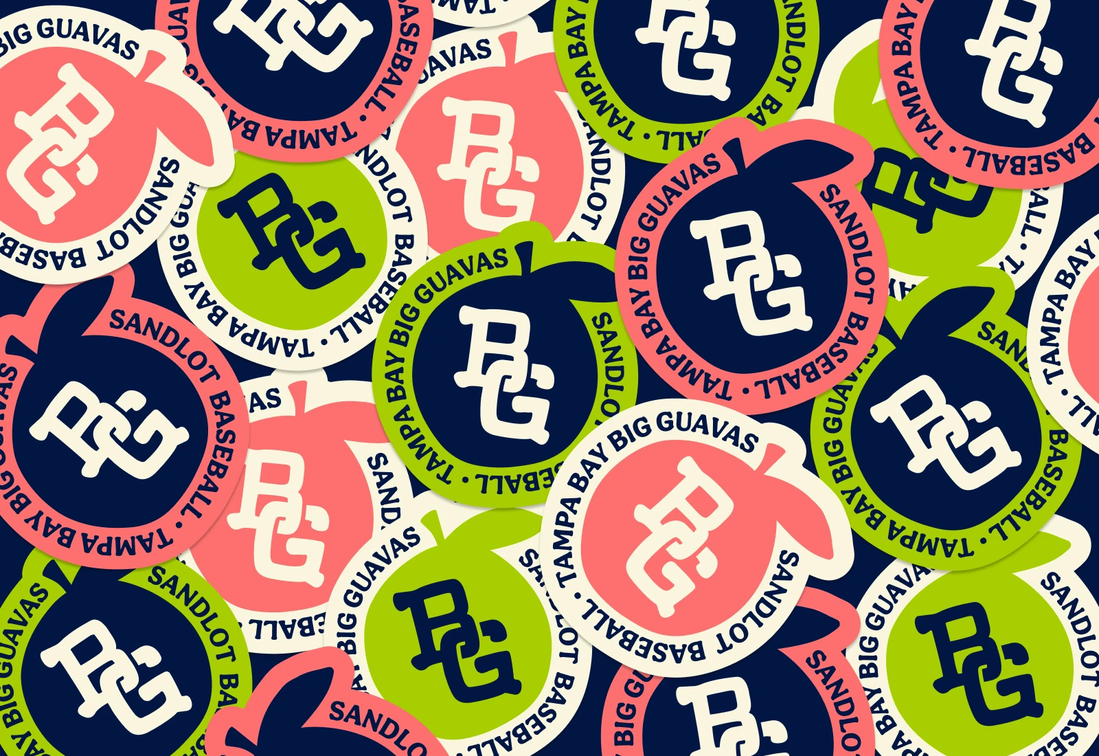 A scattered display of various Big Guavas stickers featuring the BG monogram